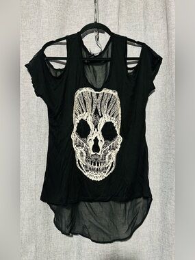 Hot Topic Y2K Black Goth Cold-Shoulder Skull Lace Graphic Grunge Tank, Size L